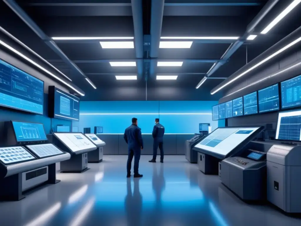 Eficiencia en mantenimiento predictivo industrial: Futurista centro de mantenimiento con tecnología avanzada y tonos metálicos