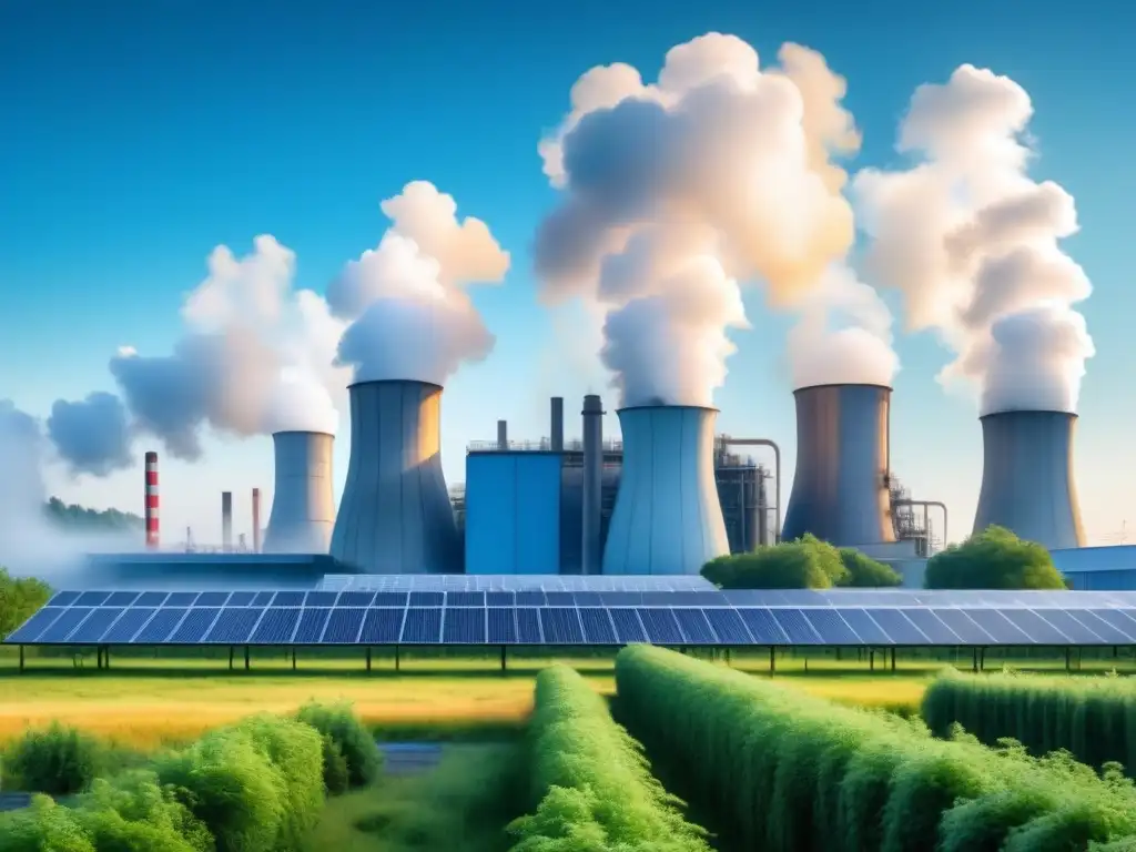 Eficiencia operativa en la industria: fábrica industrial con chimeneas emitiendo vapor blanco, rodeada de vegetación y paneles solares