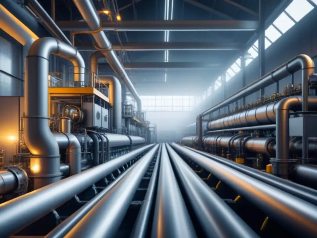 Eficiencia operativa en industria de recuperación de energía: compleja red de tuberías y maquinaria en tonos grises y plateados