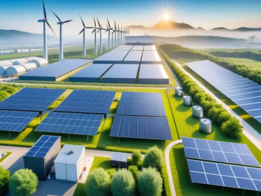 Eficiencia operativa en planta industrial con energía renovable y trabajadores monitoreando proceso de producción