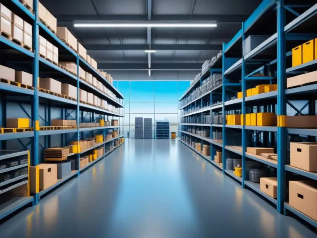 Eficiencia y organización en almacén industrial moderno, reflejando el cielo azul