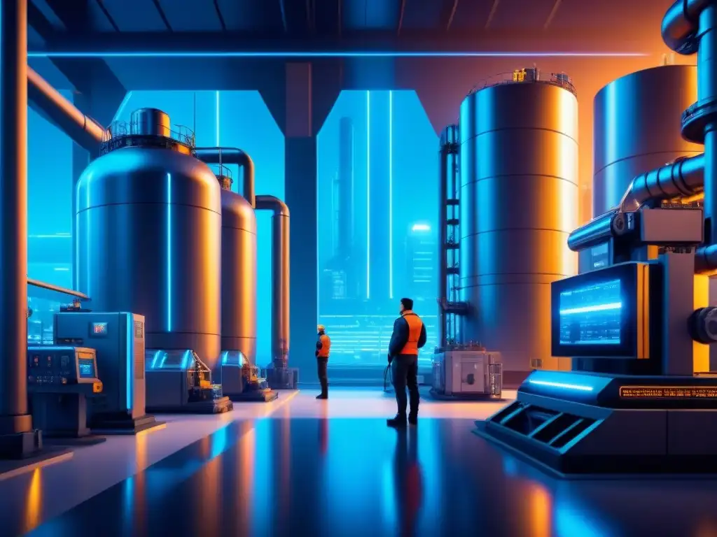Eficiencia en la gestión de recursos en industria: fábrica futurista con estructuras metálicas y centro de control de alta tecnología en azul neón
