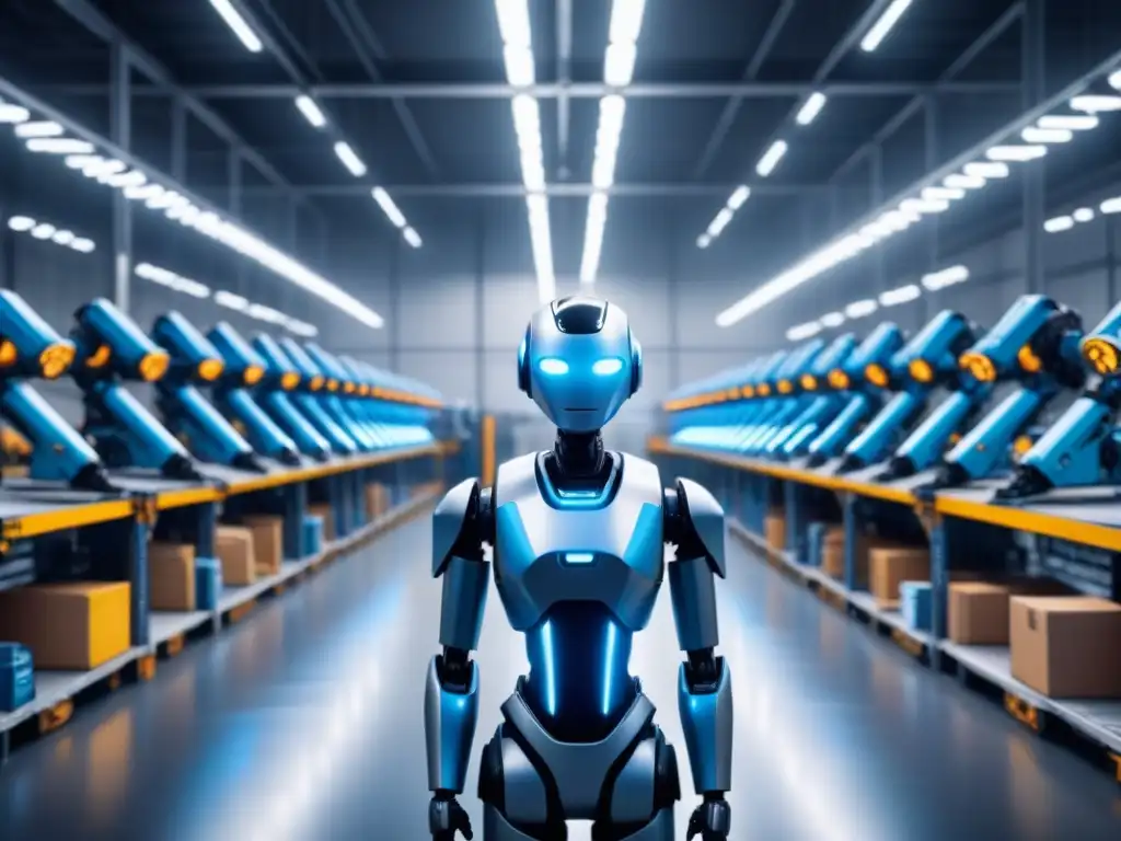 Almacén futurista: robots organizando inventario con precisión Eficiencia tecnológica en gestión de inventarios: Almacén futurista con robots avanzados organizando artículos con precisión