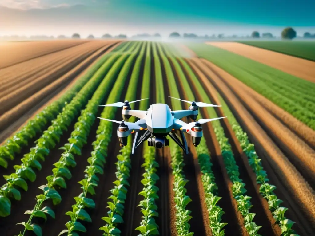 Gestión eficiente en agricultura digital: Ilustración detallada de un campo agrícola futurista con tecnología avanzada