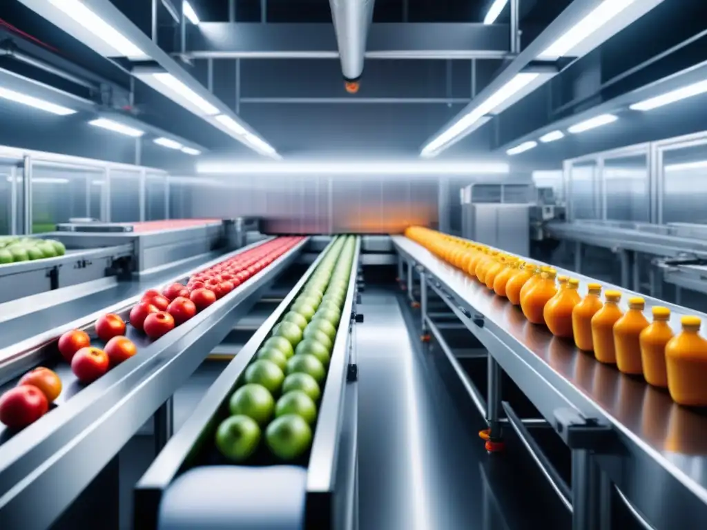 Eficiente automatización en la industria alimentaria; moderna planta procesadora resaltando innovación y precisión