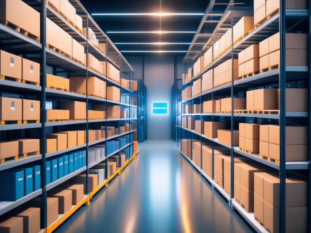 Almacén futurista: eficiencia y AI en gestión de inventario Eficiente almacén futurista con IA supervisora y estantes organizados