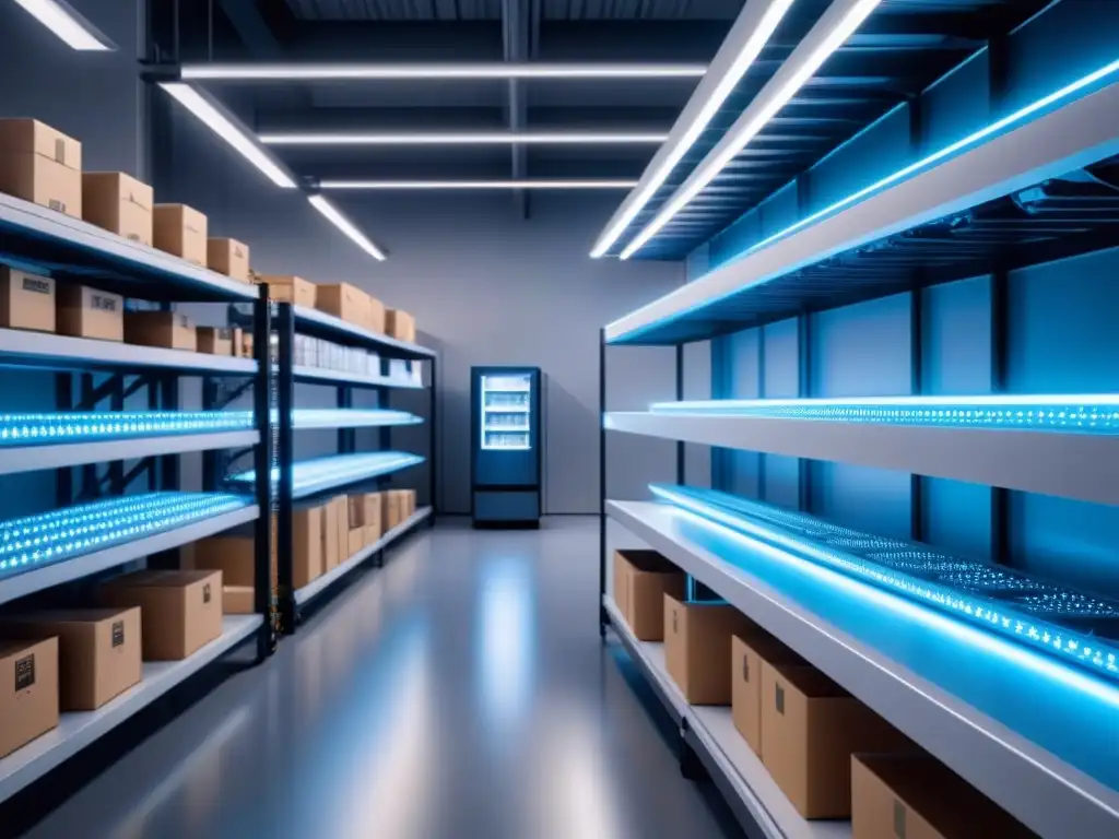 Eficiente gestión de stock con IA: Robots avanzados organizan productos en un almacén futurista, iluminados por luces LED azules y blancas