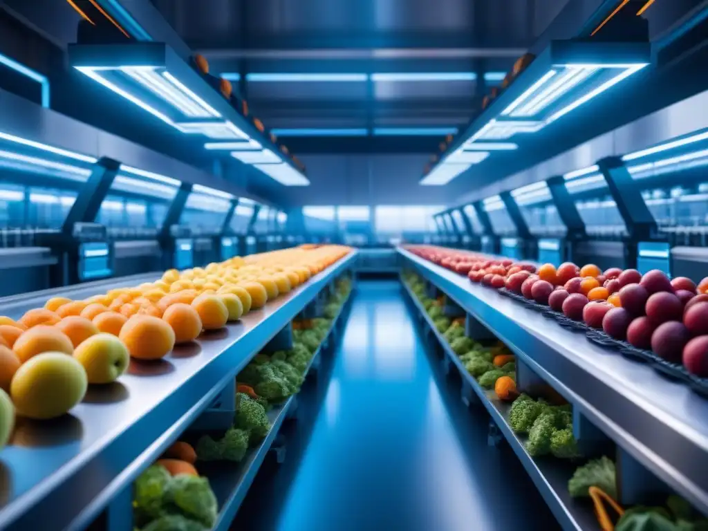 Eficiente planta de alimentos con robots clasificando frutas y verduras bajo luz azul