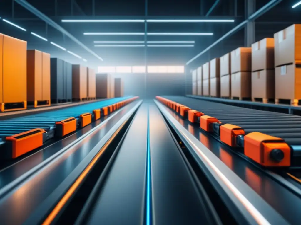 Sistema de automatización de almacén: robótica eficiente Eficiente sistema de automatización de almacenes en acción, con brazos robóticos organizando paquetes en una instalación futurista
