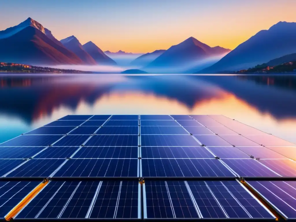 Eficientes paneles solares flotantes reflejando un vibrante atardecer sobre el agua