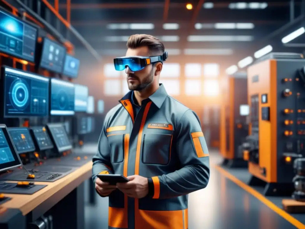 Electricistas usando gafas de realidad aumentada en entrenamiento industrial en un entorno futurista y tecnológico