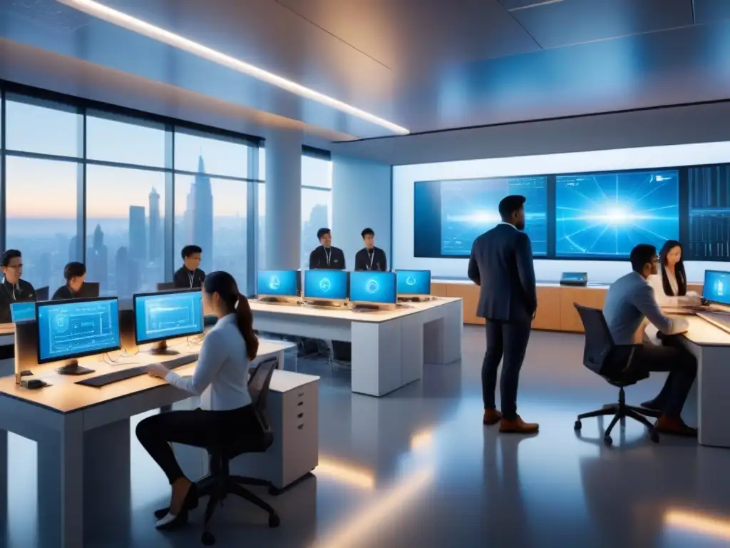 Formación en ingeniería electrónica: aulas futuristas con tecnología avanzada y estudiantes inmersos en aprendizaje práctico