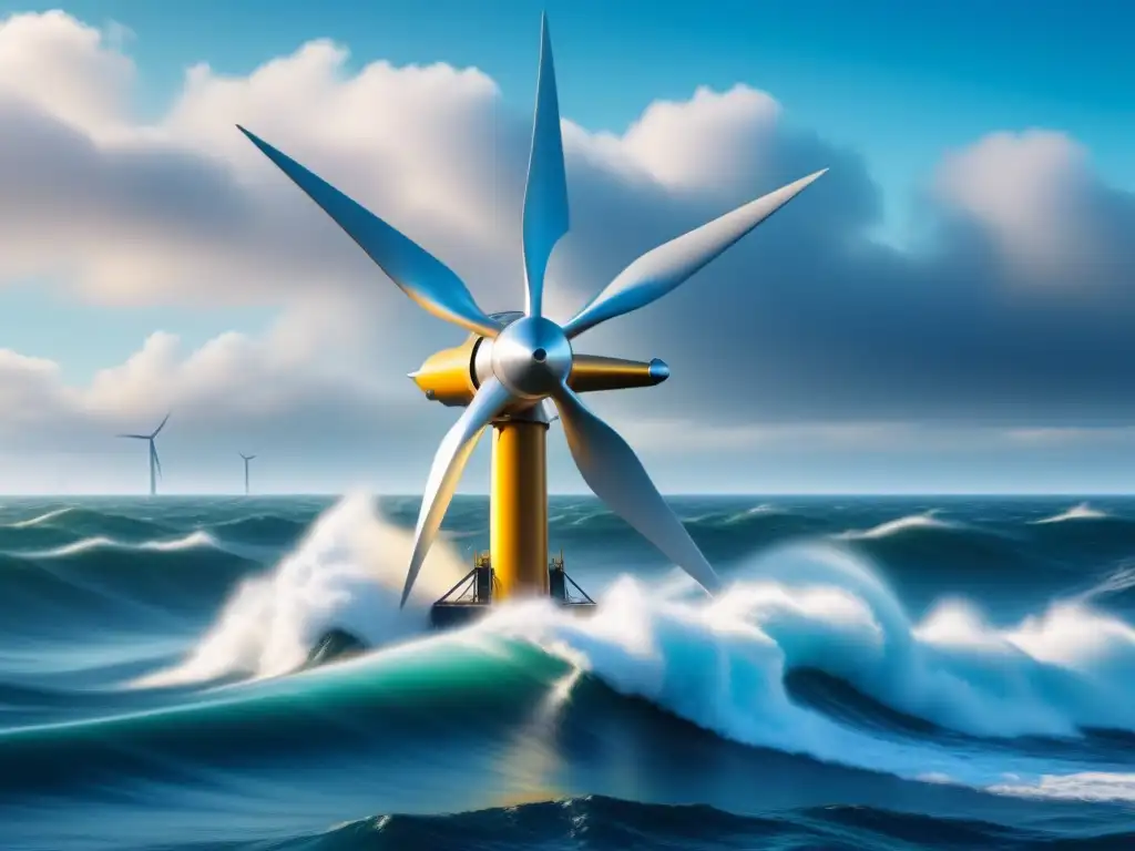 Turbinas de energía mareomotriz: armonía futurista en el mar Un elegante aerogenerador de energía mareomotriz en un vasto océano, simbolizando la transición energética global