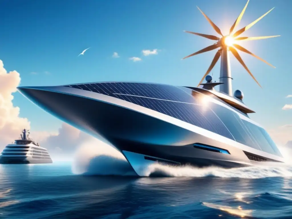 Un elegante barco comercial del futuro navegando con energía renovable en transporte marítimo, impulsado por paneles solares y turbinas eólicas