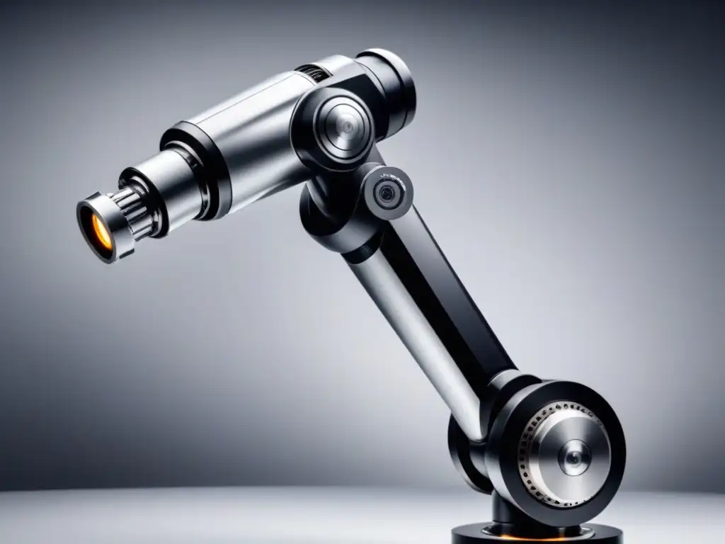 Un elegante brazo robótico industrial en movimiento, destacando la integración de inteligencia artificial en gestión innovación industrial