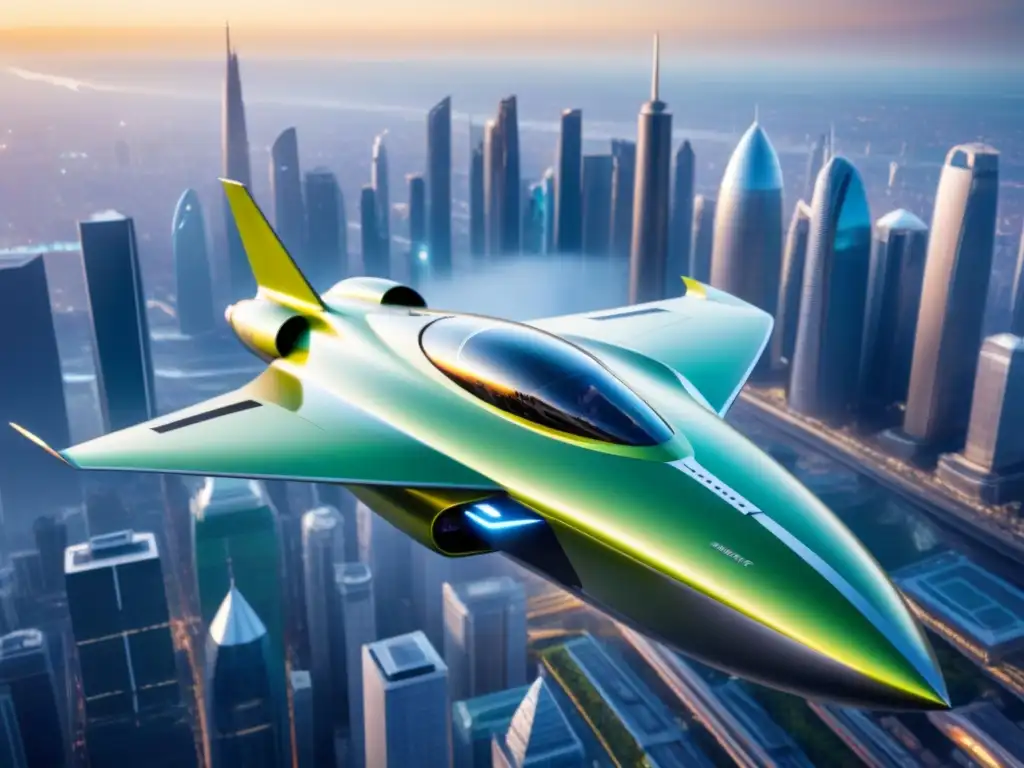 Un elegante y detallado spacecraft surca una ciudad futurista, mostrando innovación y sostenibilidad