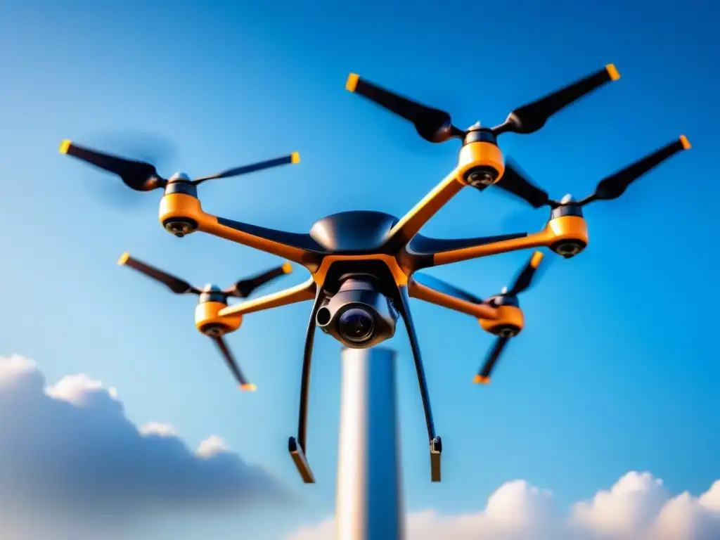 Un elegante dron industrial negro realizando una inspección autónoma de una turbina eólica moderna en el cielo azul