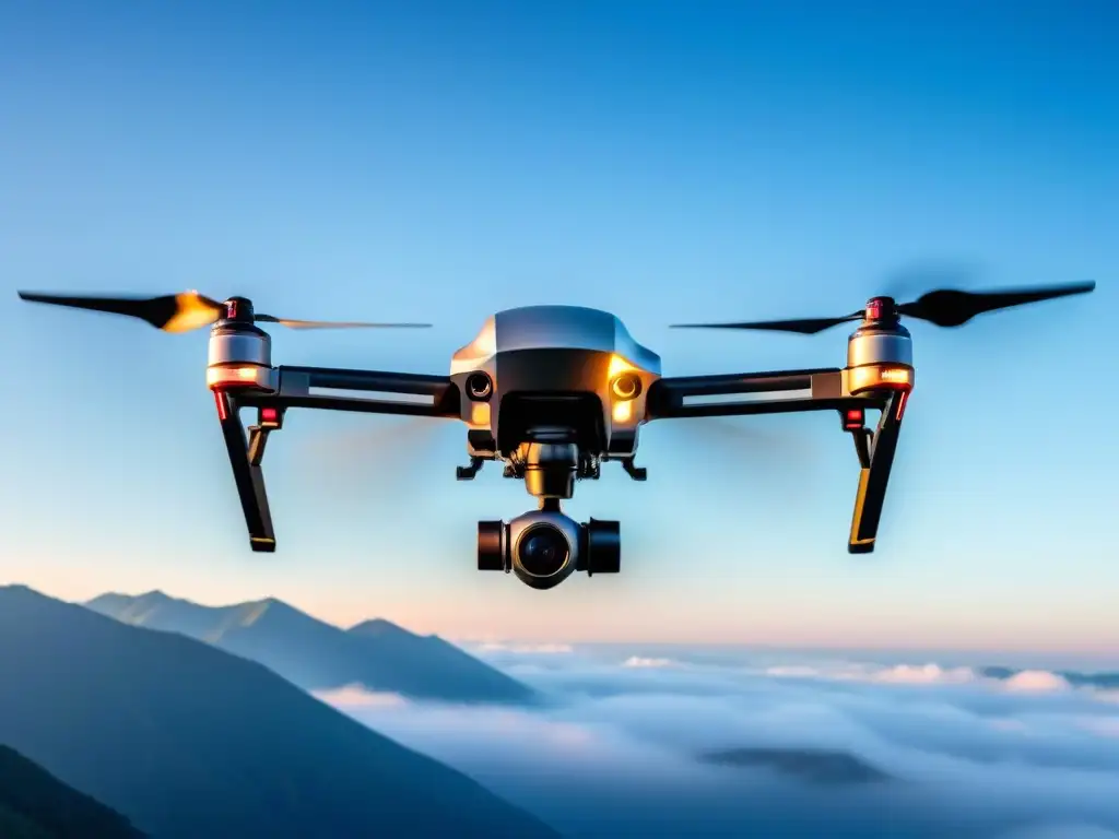 Un elegante dron moderno vuela con gracia en un cielo azul, detallado y tecnológico, equilibrando privacidad y seguridad