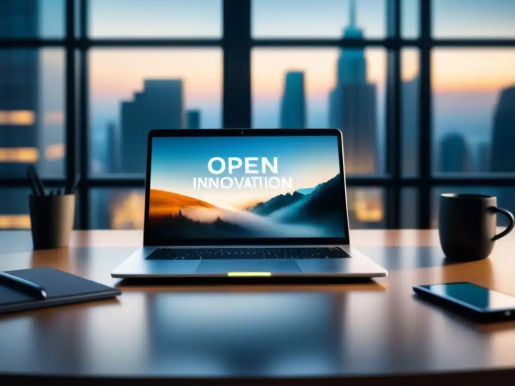 Un elegante escritorio minimalista con laptop plateado, smartphone, pluma y libreta con 'Gestión de la innovación abierta' en tipografía elegante