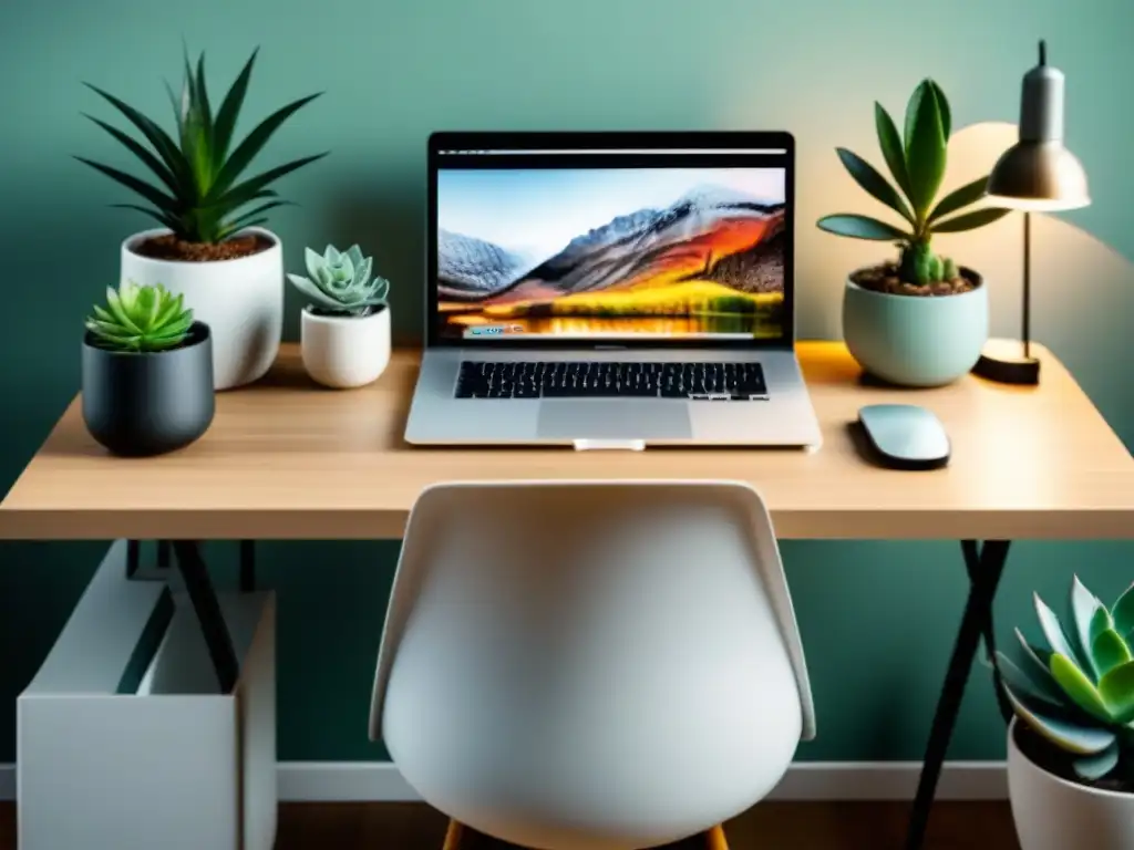 Oficina minimalista con escritorio de madera clara y plantas Un elegante escritorio de oficina con prácticas ergonómicas efectivas empresa: silla moderna, laptop, lámpara y suculentas decorativas