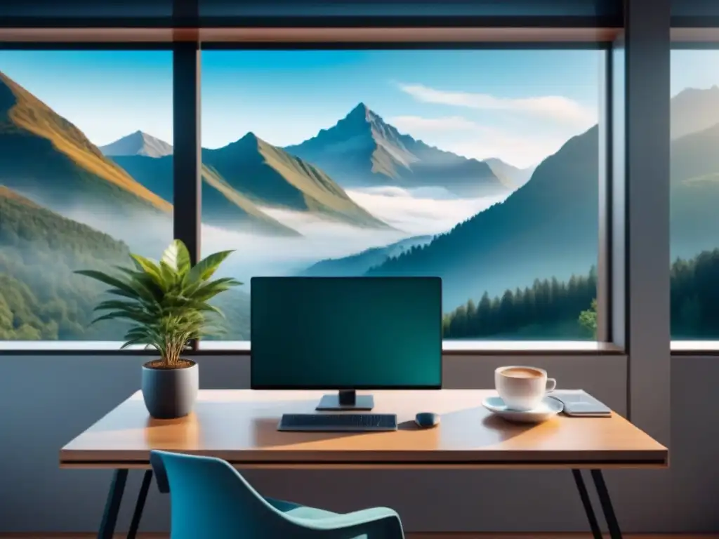 Elegante espacio de trabajo minimalista con vistas a la naturaleza, ideal para estrategias de salud mental en el trabajo