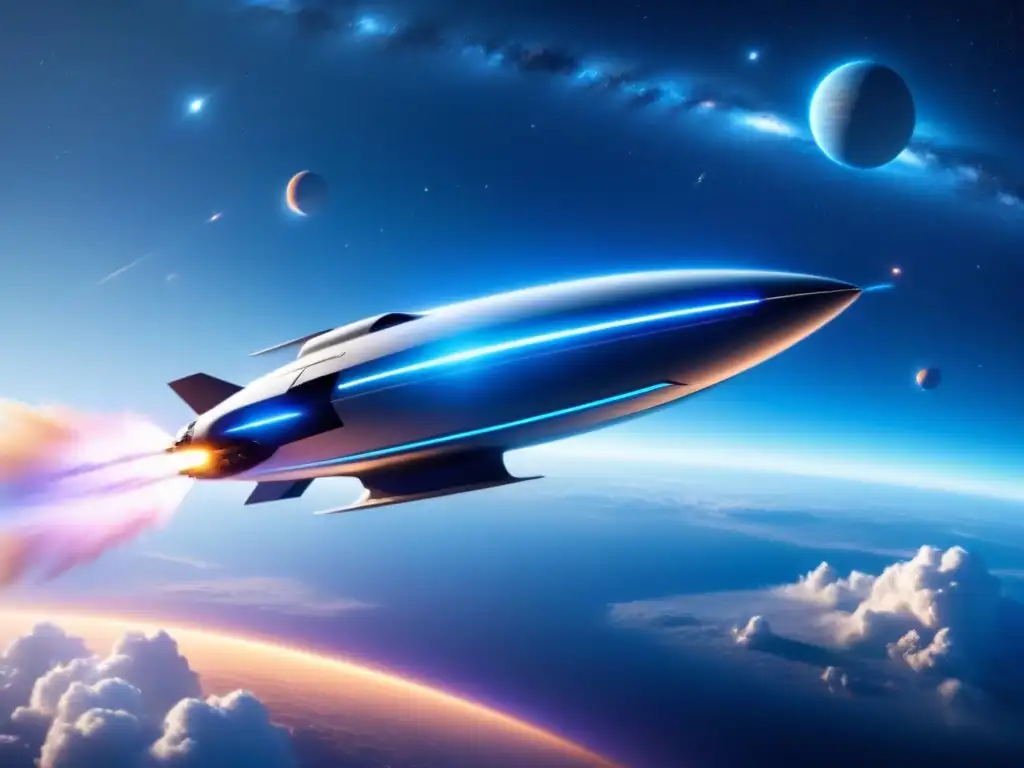 Nave espacial futurista en plasma azul surcando el cosmos Un elegante y futurista nave espacial surca el espacio con propulsores de plasma azul, rodeada de estrellas y galaxias distantes