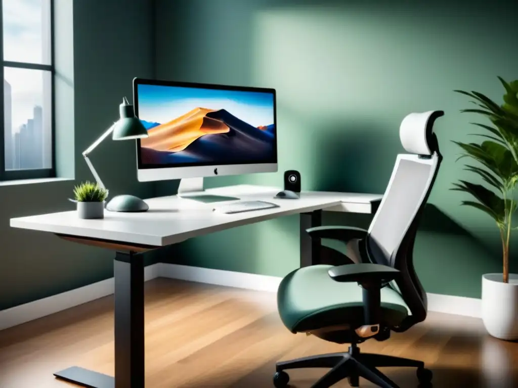 Un elegante y minimalista equipamiento ergonómico para oficina en tonos blancos y verdes