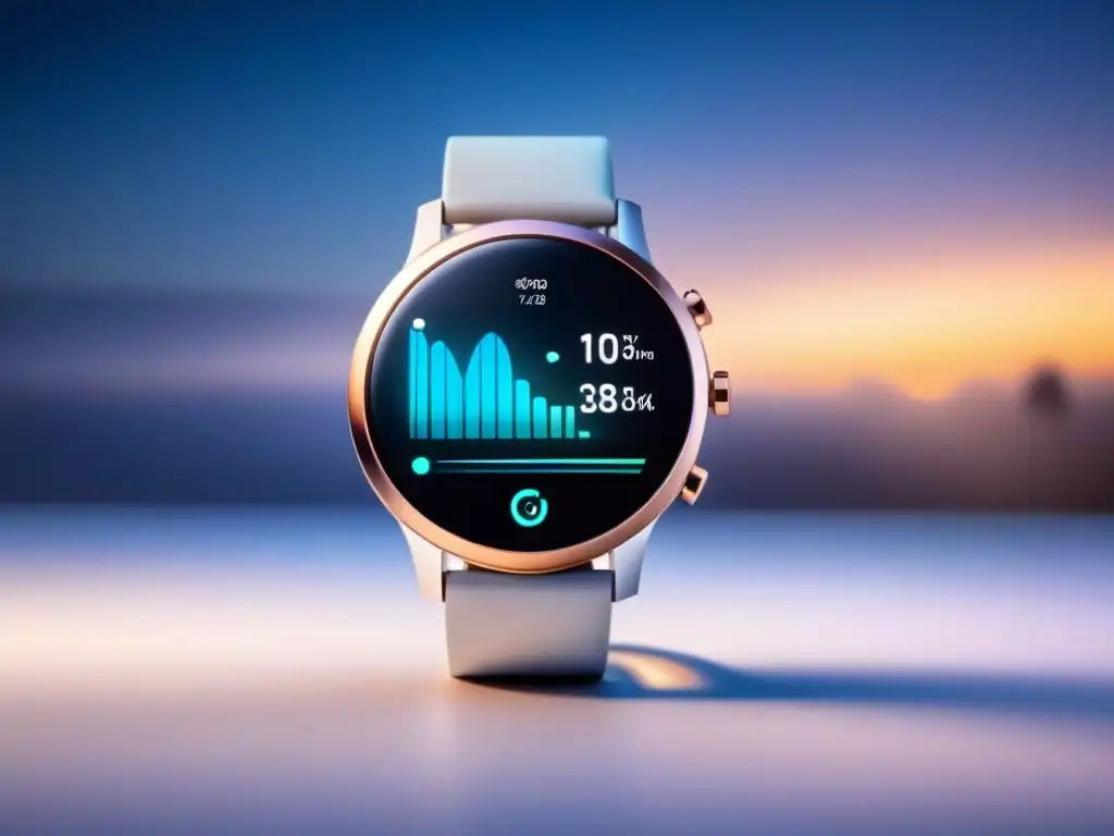 Un elegante reloj inteligente muestra métricas de salud en un fondo minimalista