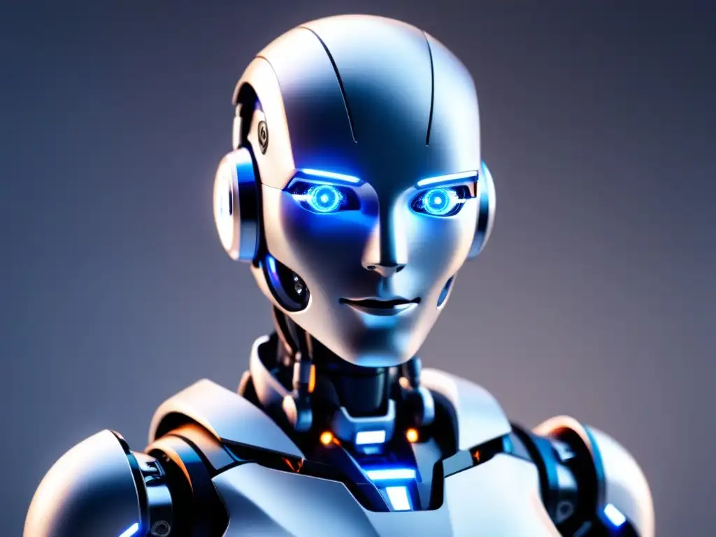 Elegante robot humanoide con ojos azules brillantes en fondo blanco