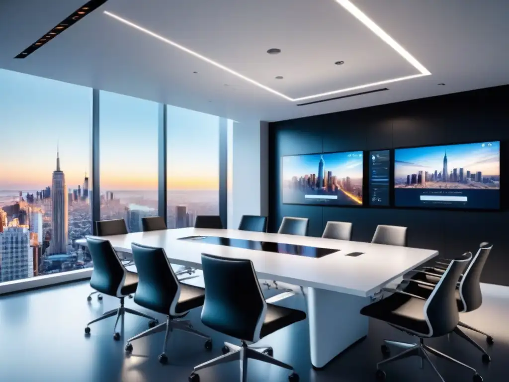 Oficina de lujo con tecnología de vanguardia Un elegante salón de juntas con tecnología punta y diseño minimalista
