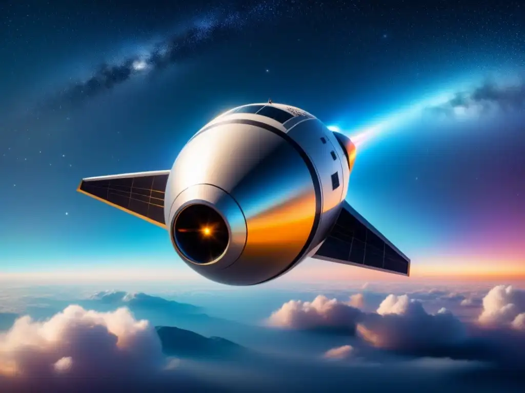 Nave espacial futurista plasma thrusters surcando el cosmos Un elegante spacecraft con propulsores de plasma espaciales surca grácilmente el cosmos entre estrellas y nebulosas