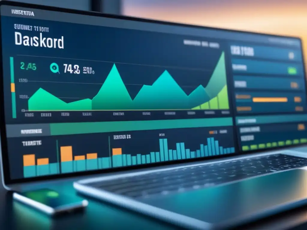 Un elegante tablero de marketing digital industrial con datos y gráficos profesionales en tonos azules, grises y verdes