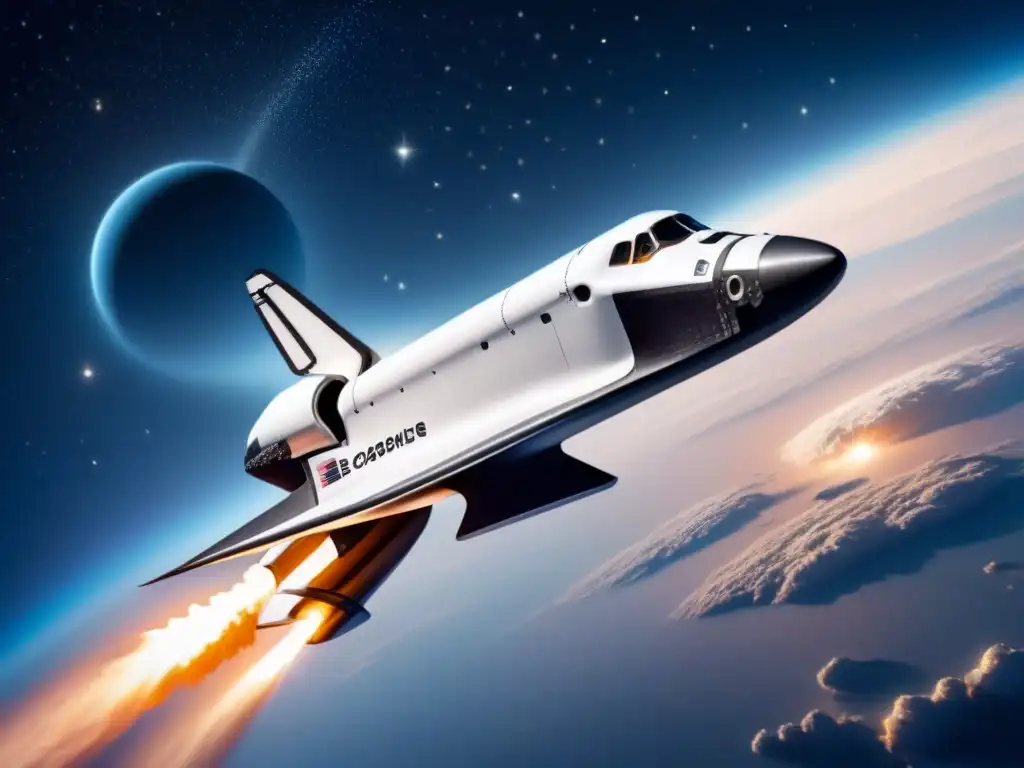 Exploración espacial: nave futurista surcando el cosmos Un elegante transbordador espacial surcando el espacio, rodeado de estrellas y galaxias