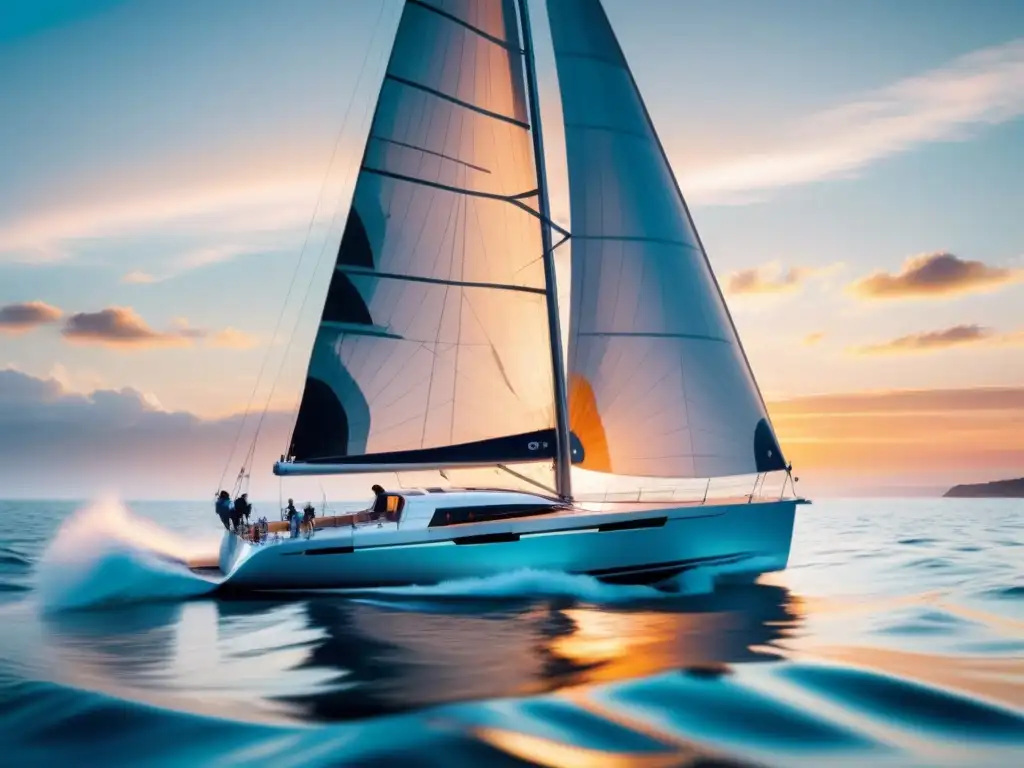 Elegante velero futurista surca aguas cristalinas al atardecer