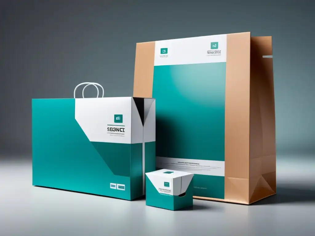 Elegantes diseños de embalaje innovador para logística ecommerce, con formas geométricas y colores modernos en blanco, gris y teal