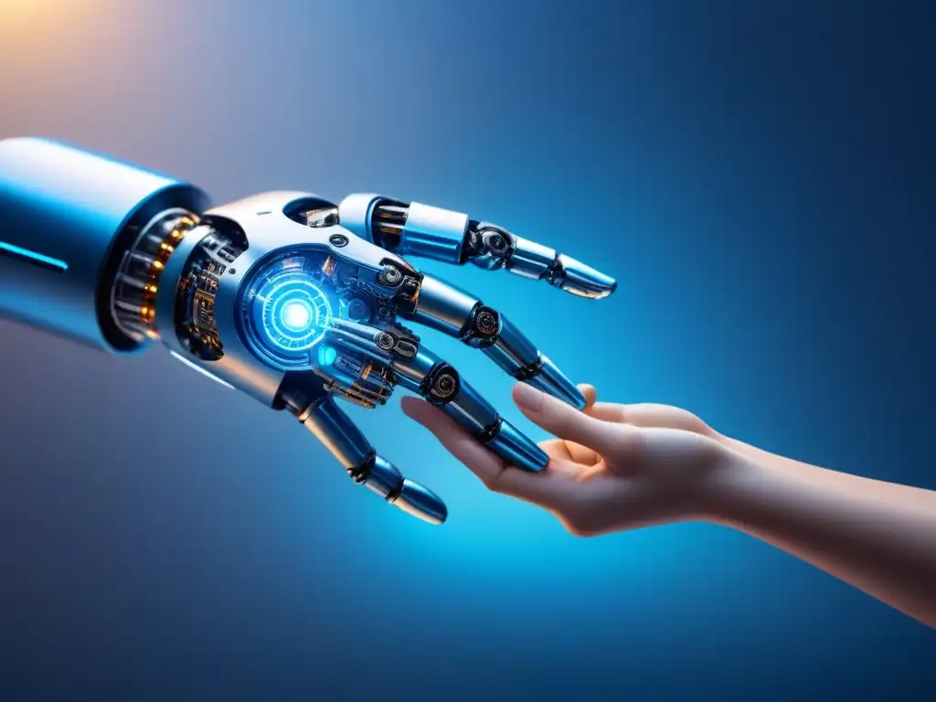 Interacción emocional: mano humana y robot acercándose en diseño futurista