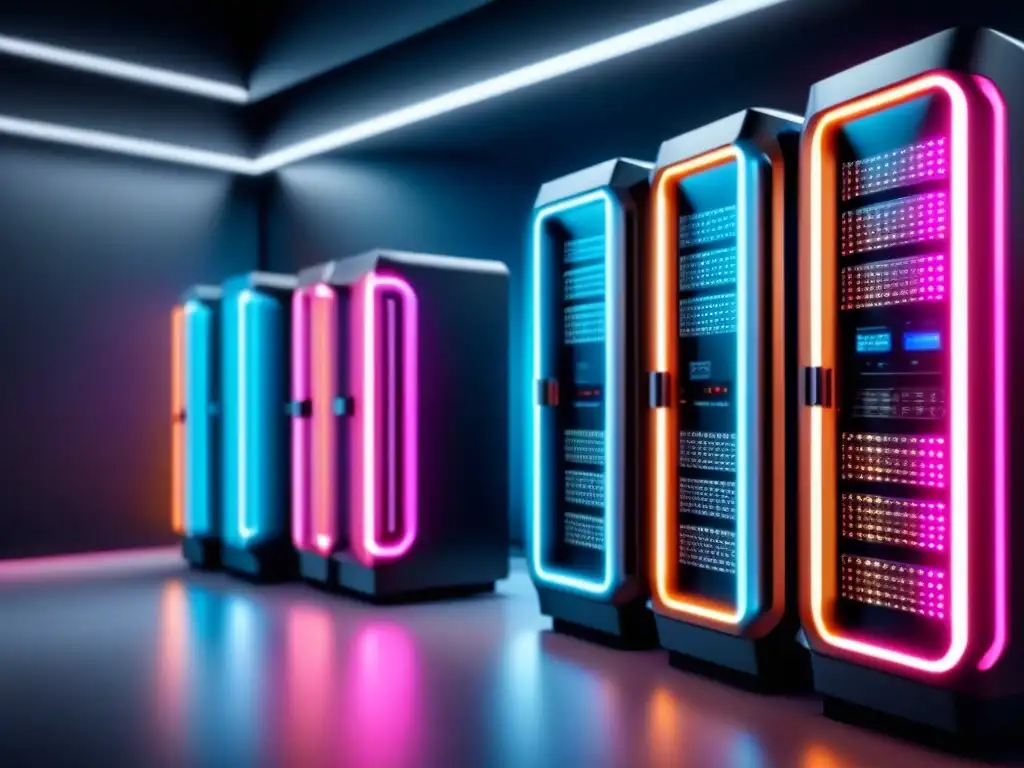 Un emocionante cluster de supercomputación en la industria del entretenimiento, con patrones de circuitos brillantes en neon