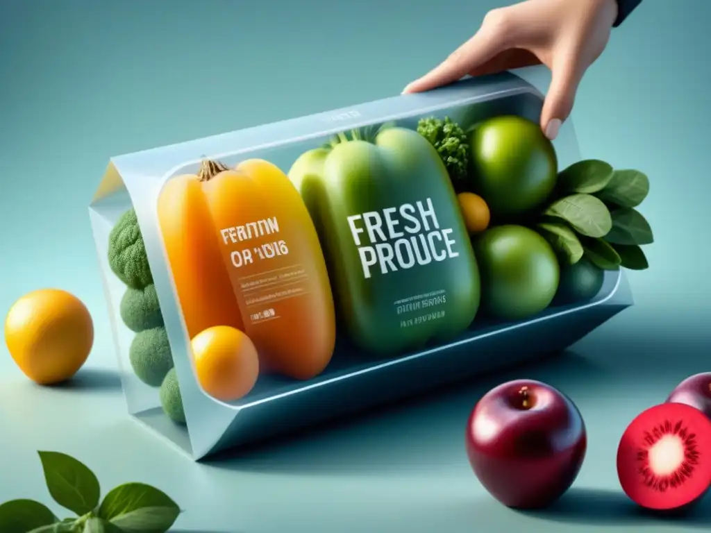 Empaquetado sostenible de frutas y verduras con diseño futurista y minimalista