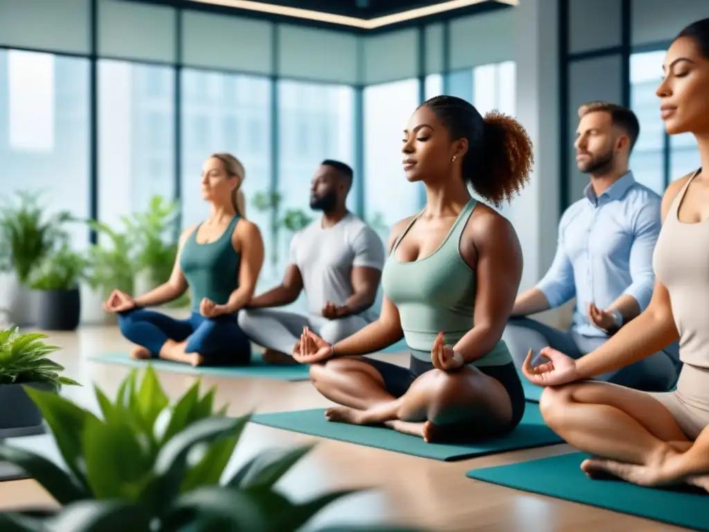 Empleados en oficina practicando yoga con instructor de salud mental en ambiente tranquilo y relajado