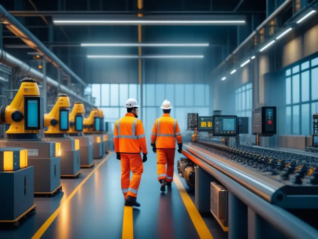 Empleados protegidos en planta industrial moderna con medidas de seguridad para prevenir accidentes laborales