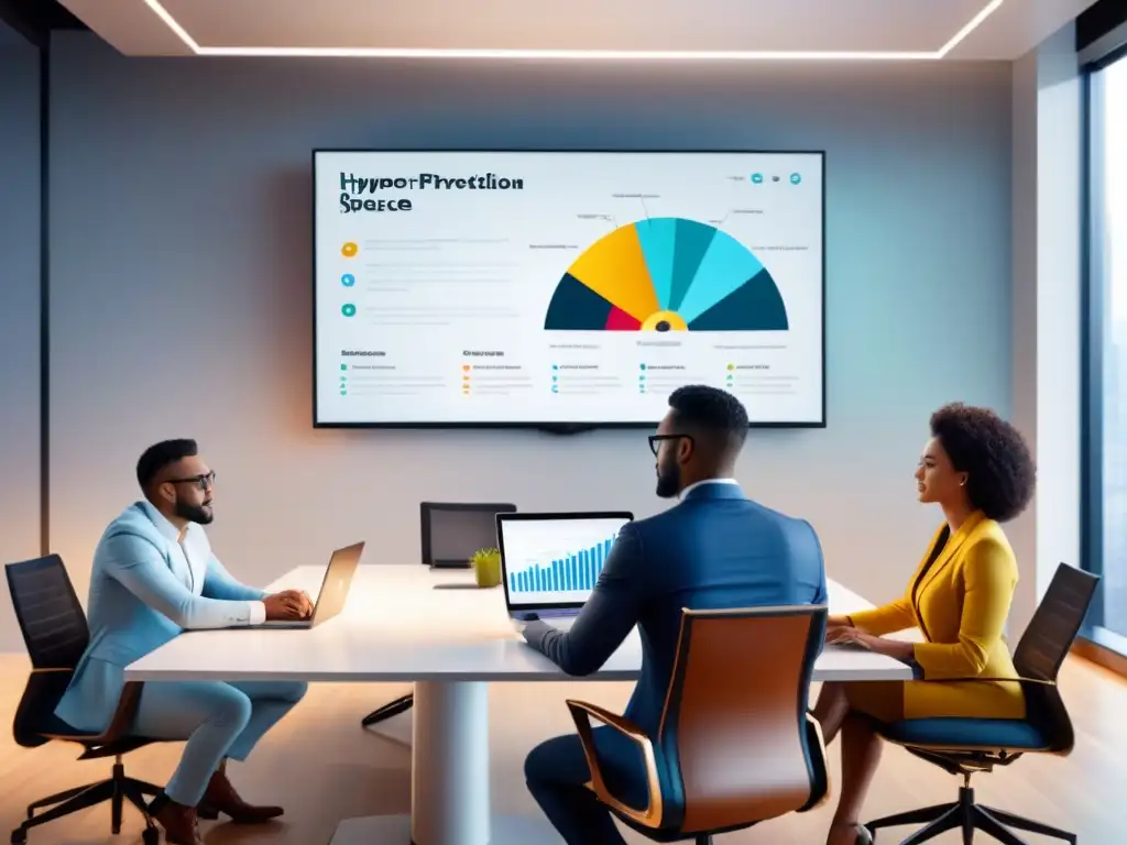 Innovación estratégica: Emprendedores en brainstorming digital Emprendedores diversos preparando un pitch ganador para inversores tecnológicos en una oficina moderna y minimalista