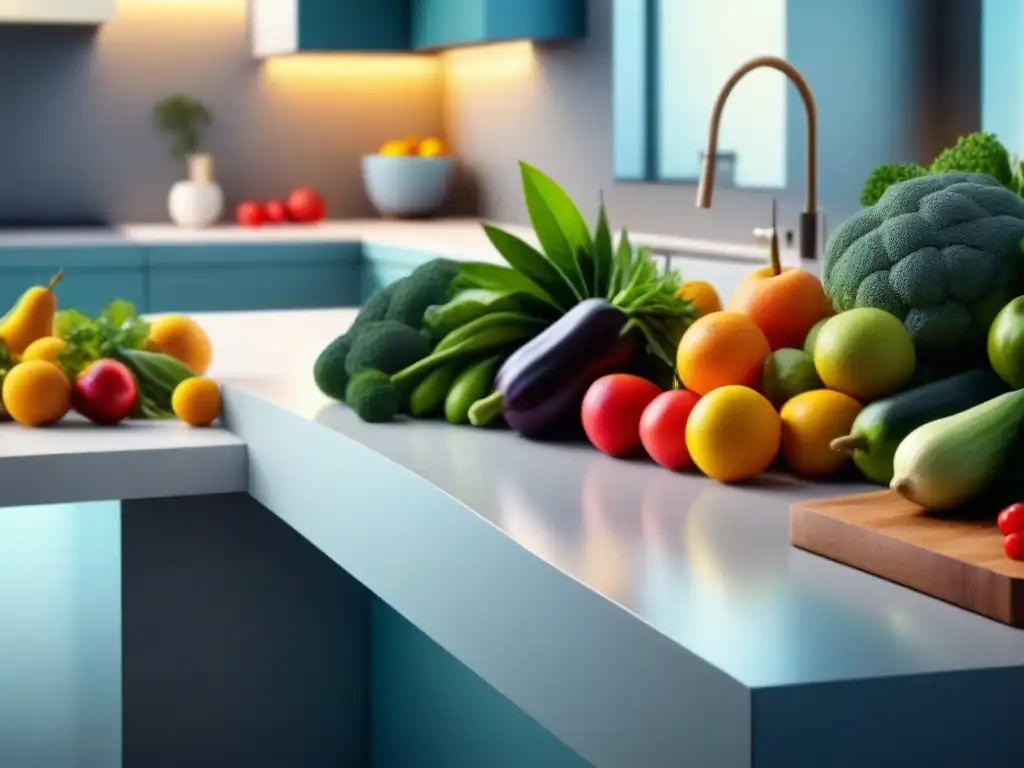 Una encantadora selección de frutas y verduras frescas y coloridas en una elegante cocina moderna