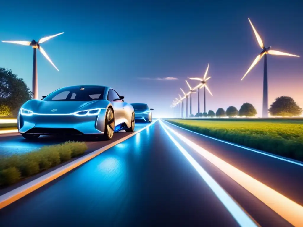 Gestión energética en ciudades inteligentes: vehículos eléctricos en un paisaje futurista nocturno