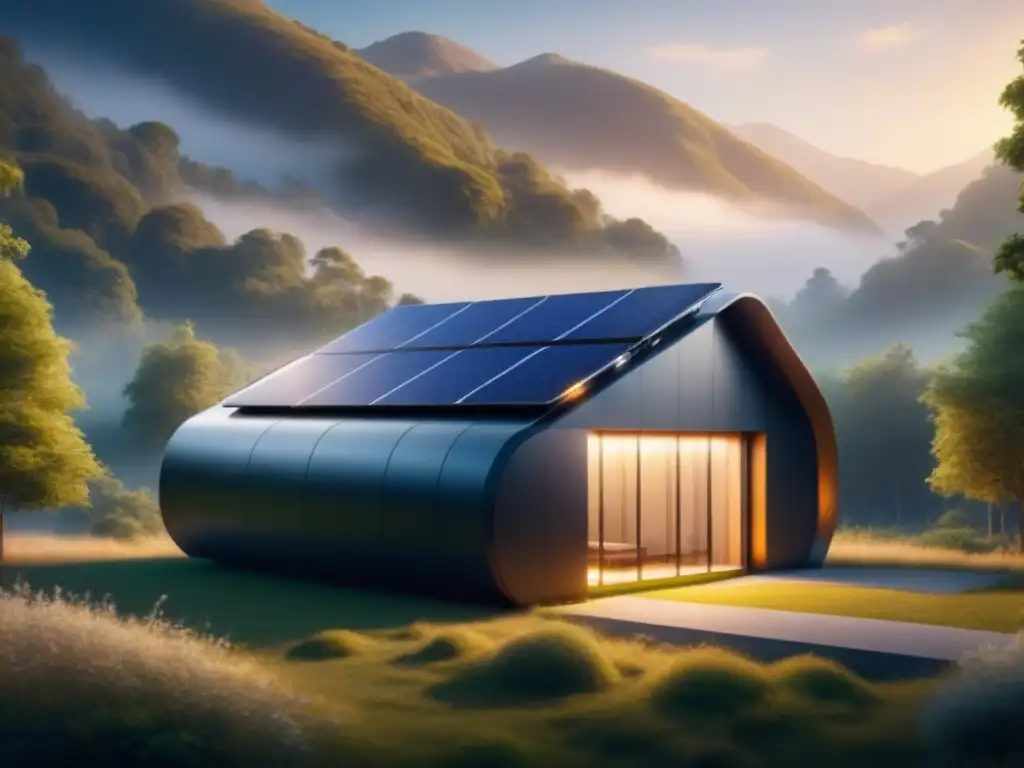 Instalación energética futurista sostenible con paneles solares integrados, rodeada de vegetación