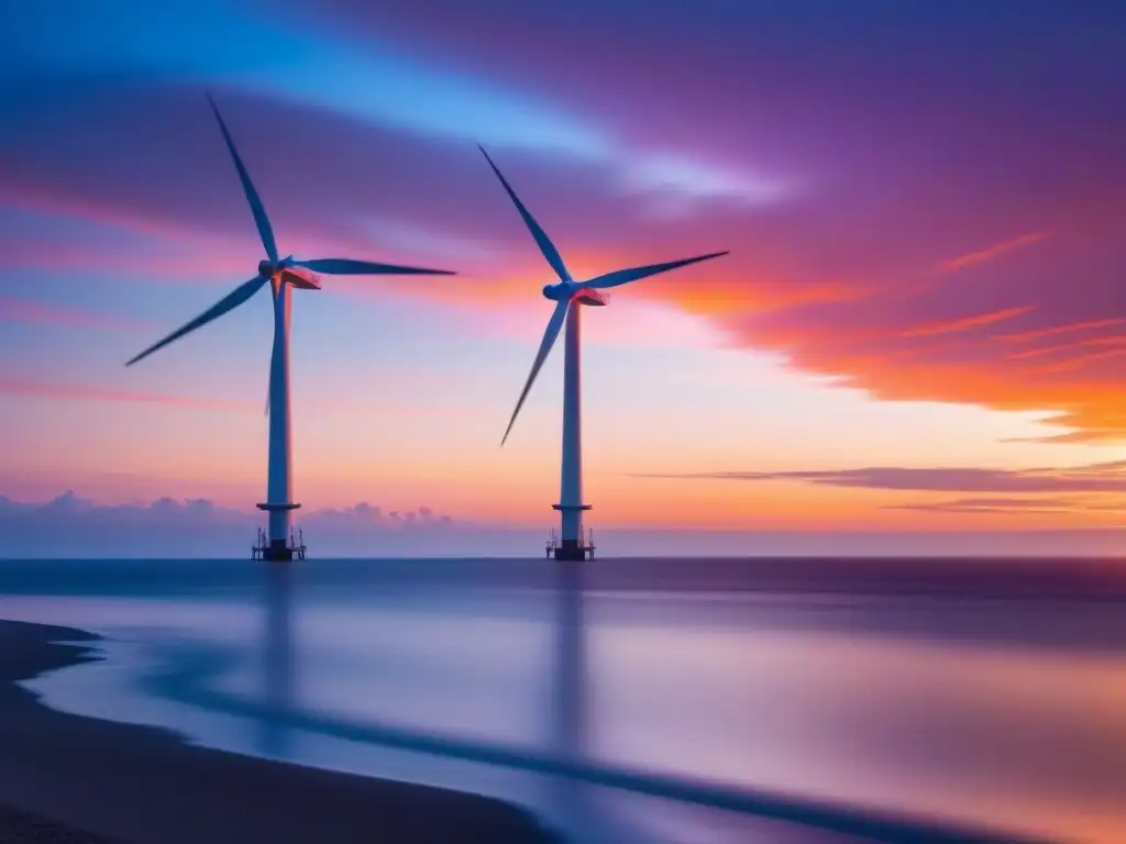 Energía eólica offshore sostenible: molino de viento en el mar al atardecer, reflejando el cielo colorido en el océano tranquilo