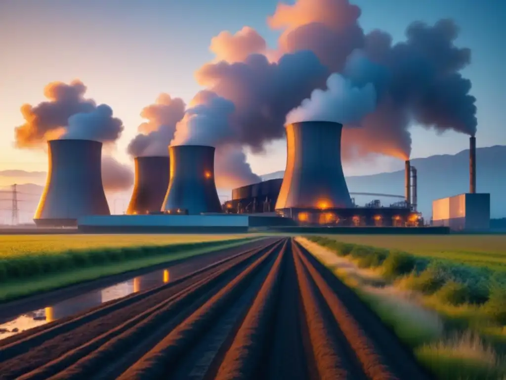 Planta geotérmica futurista al atardecer Energía geotérmica en industrias globales: Planta industrial geotérmica minimalista iluminada al anochecer en paisaje extenso
