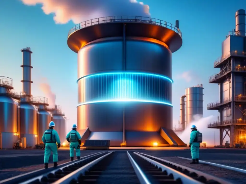 Implementación de energía de fusión en la industria: reactor futurista integrado en paisaje industrial con maquinaria avanzada y trabajadores