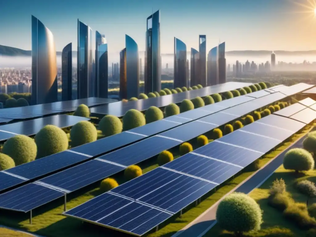 Energía solar orgánica fotovoltaica sostenible en futurista ciudad con paneles solares integrados