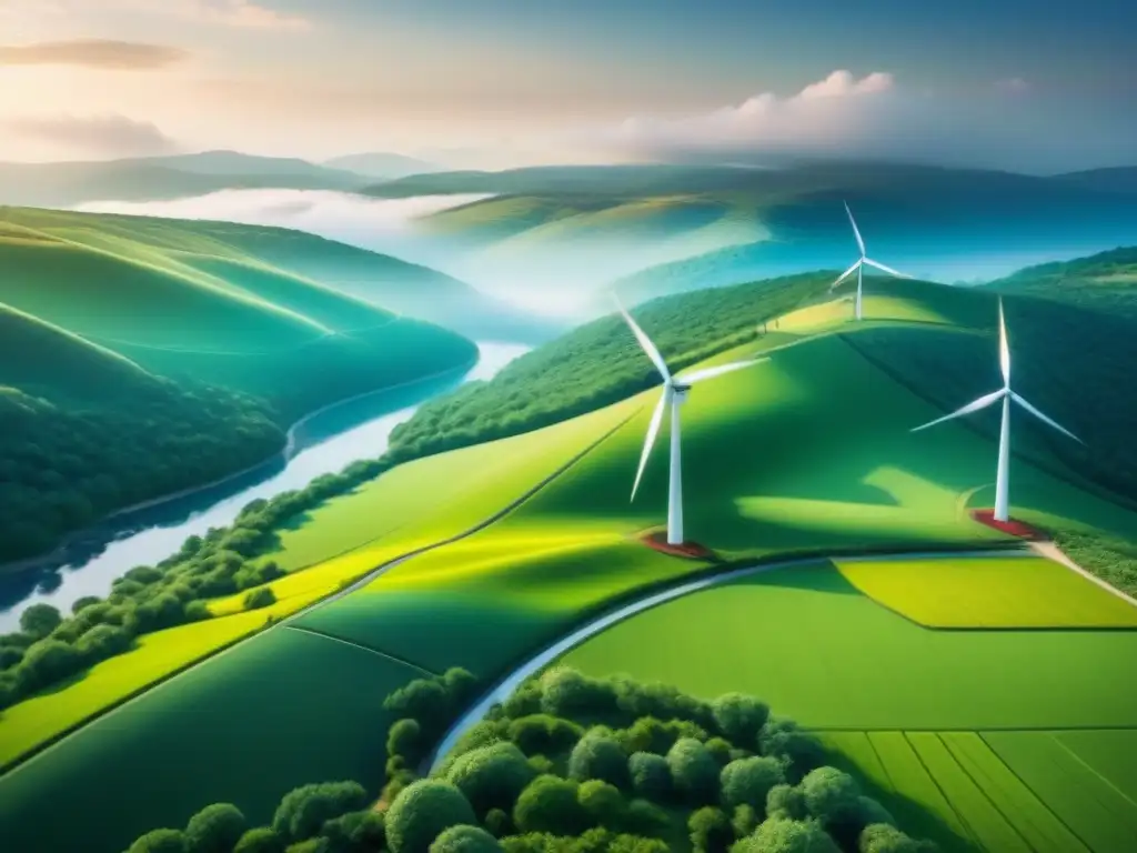 Inversión en energías renovables sostenibles: Ilustración minimalista de un paisaje energético verde vibrante con turbinas eólicas, paneles solares y presas hidroeléctricas integradas armoniosamente en un entorno natural exuberante