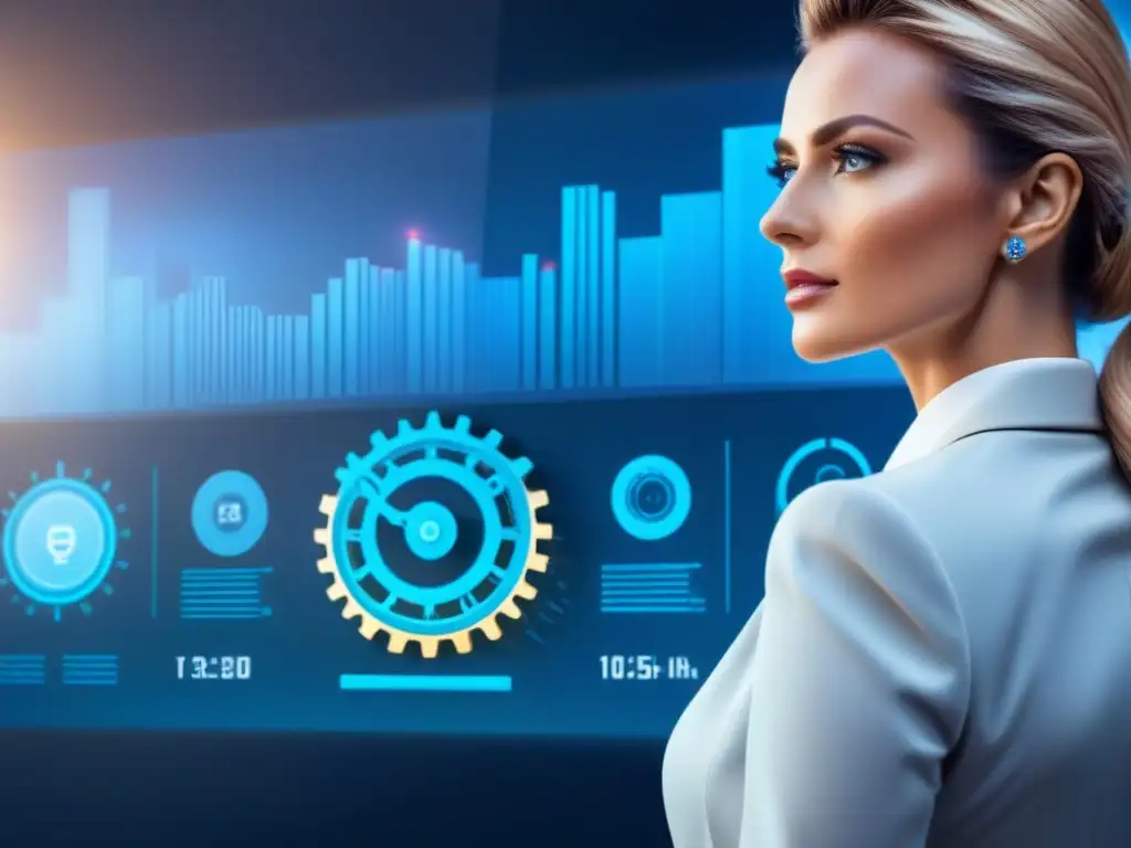 Unos engranajes interconectados y gráficos financieros fusionándose, simbolizando la integración de la Inteligencia Artificial en cadena de suministro